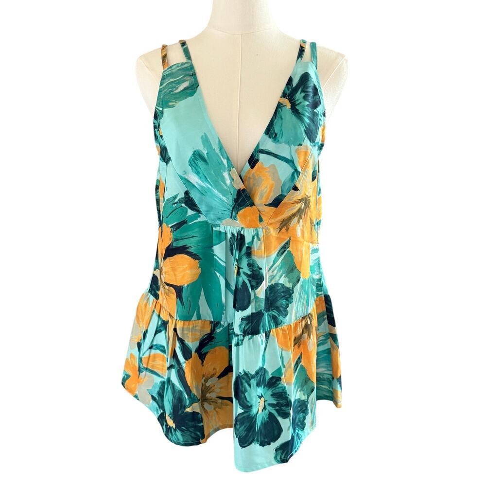 Raga Anthropologie Tropical Floral Tiered Blouse Small Blue Yellow Resort Summer